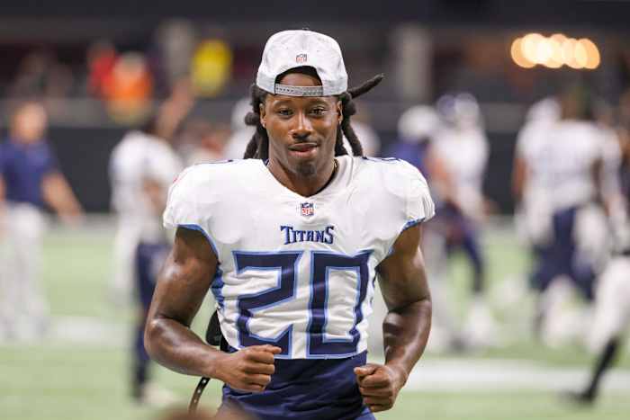 Aug 13, 2021; Atlanta, Georgia, USA; Tennessee Titans cornerback Janoris Jenkins (20) jogs off of the field after their game against the Atlanta Falcons at Mercedes-Benz Stadium. Mandatory Credit: Jason Getz-USA TODAY Sports